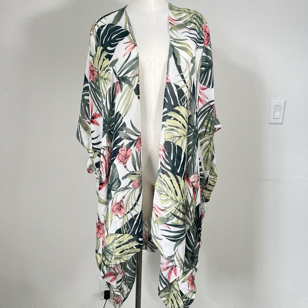Moss Rose Cover up Kimono Womens OS Floral Palm Leaf Print Tropical Resort Beach